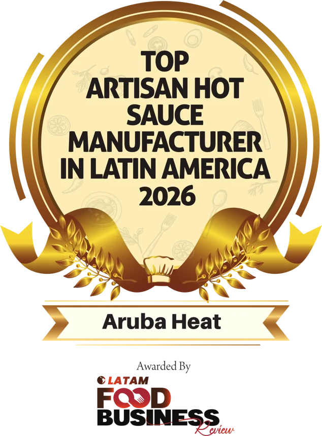 Award badge: Top Artisan Hot Sauce Manufacturer in Latin America 2026, Aruba Heat, awarded by Food Business Review LATAM