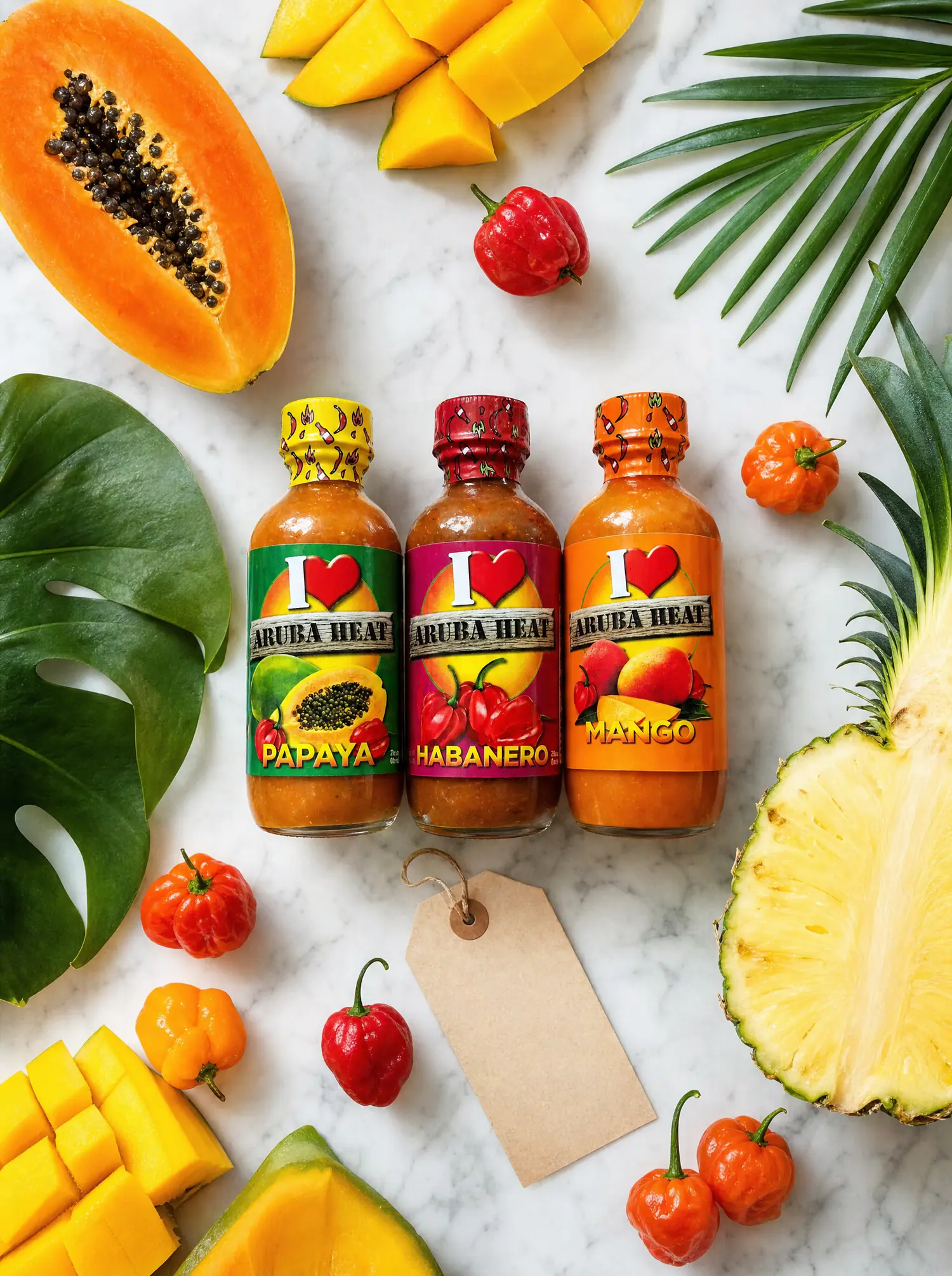 The Aruba Heat Trio Pack laid out with fresh peppers and fruit