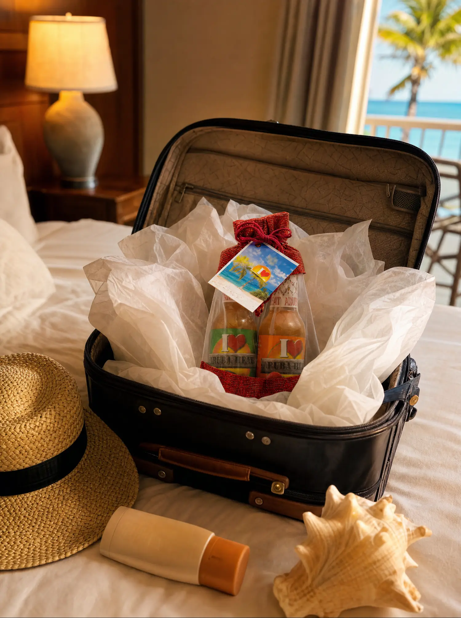 An Aruba Heat gift pack tucked into a suitcase