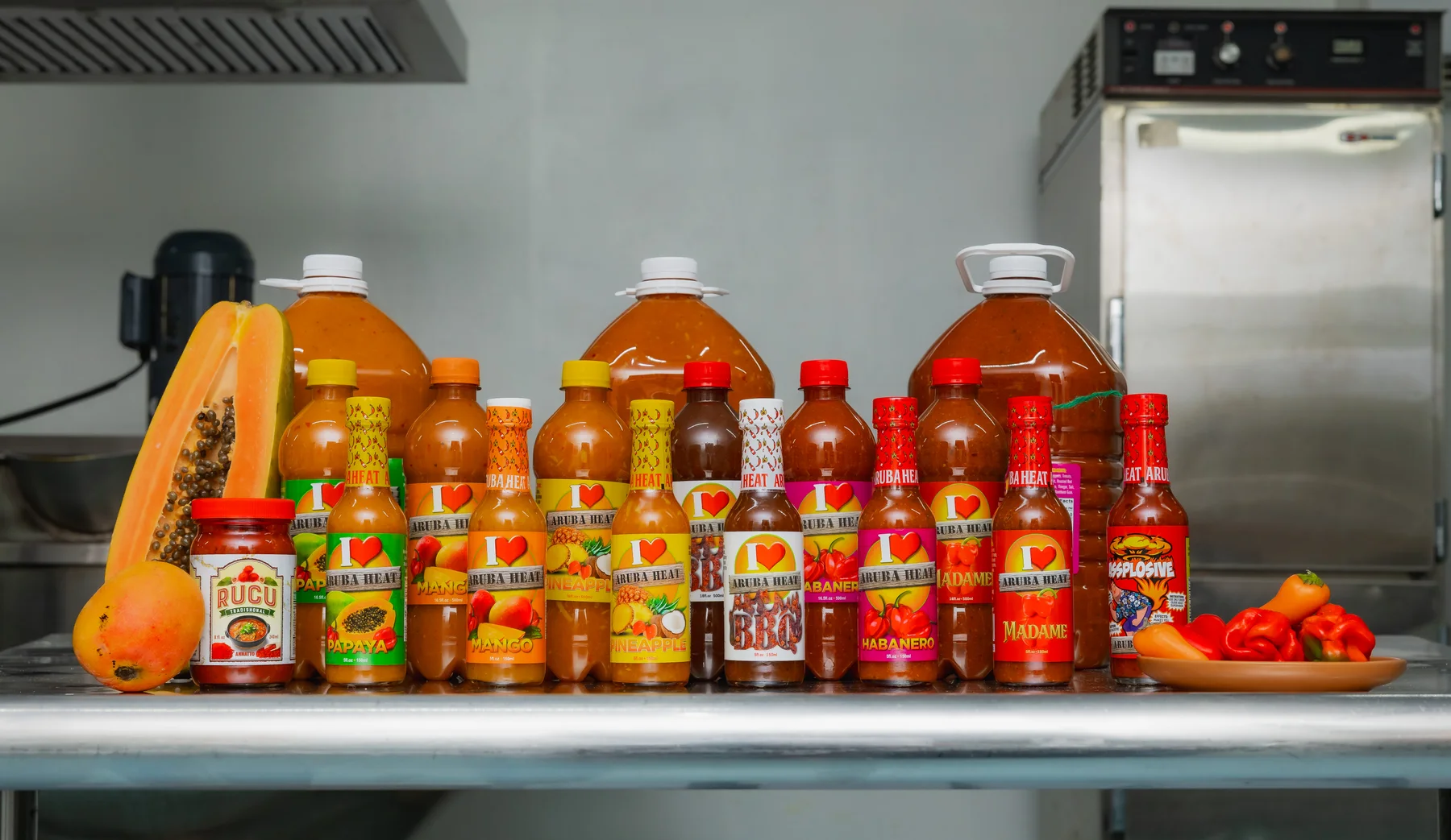 The Aruba Heat range, from 5 oz bottles to gallon jugs